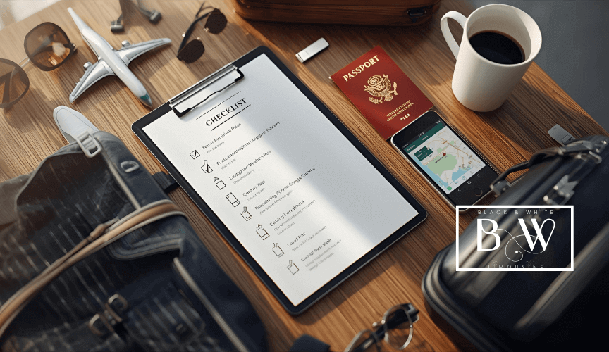 Travel checklist illustration for stress-free flight preparation from Walnut Creek to San Jose International Airport (SJC), highlighting essential items and tips for a smooth journey.