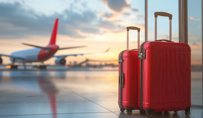 Two pieces of luggage near a distant airplane, representing travel to or from Oakland International Airport (OAK)