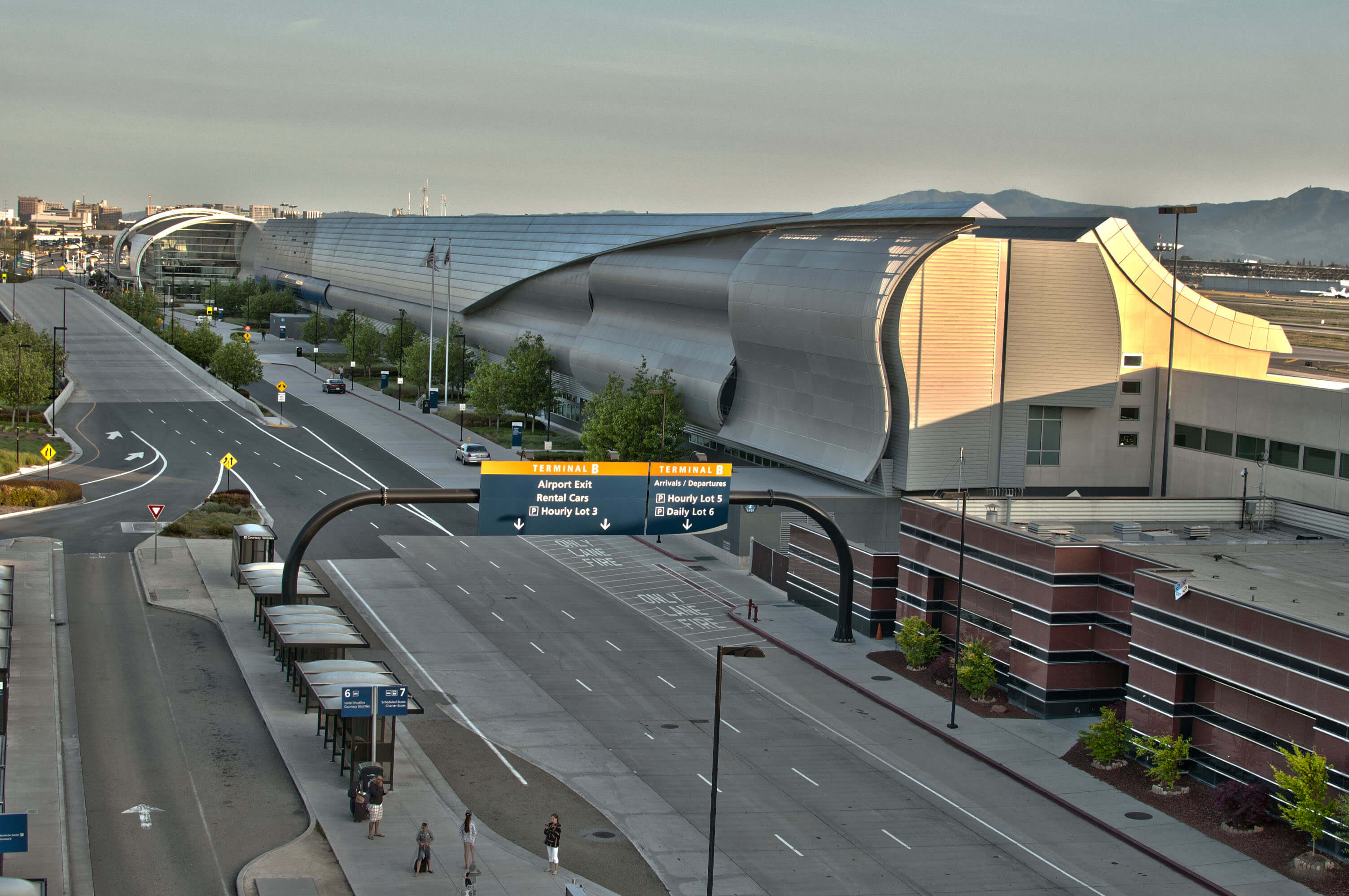 San Jose International Airport (SJC) terminal buildings and access roads in San Jose, California