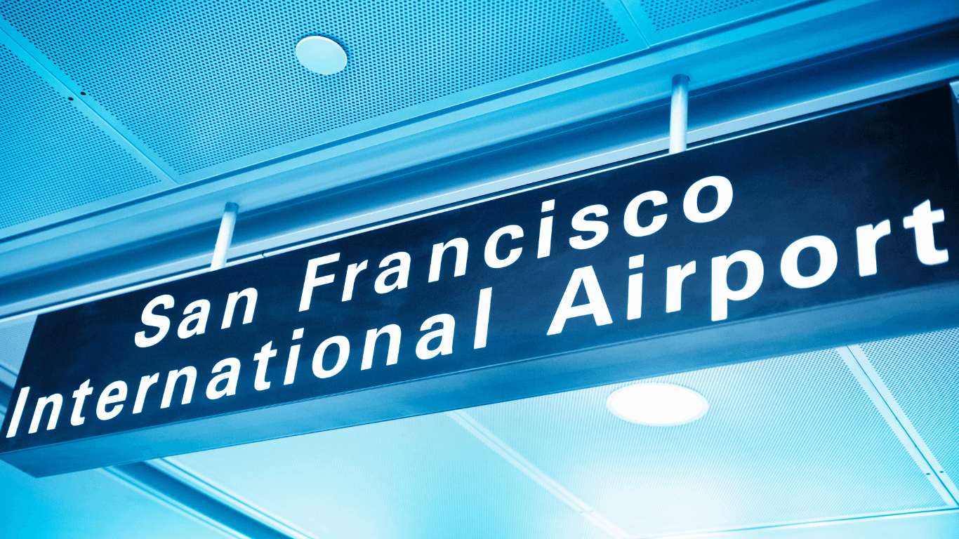 Close-up of San Francisco International Airport (SFO) sign mounted on ceiling