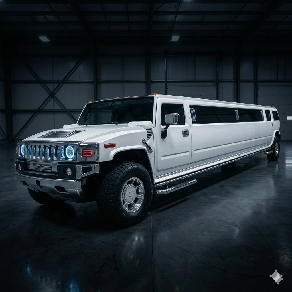 White stretch Hummer limousine with chrome grille and tinted windows, 3/4 front view
