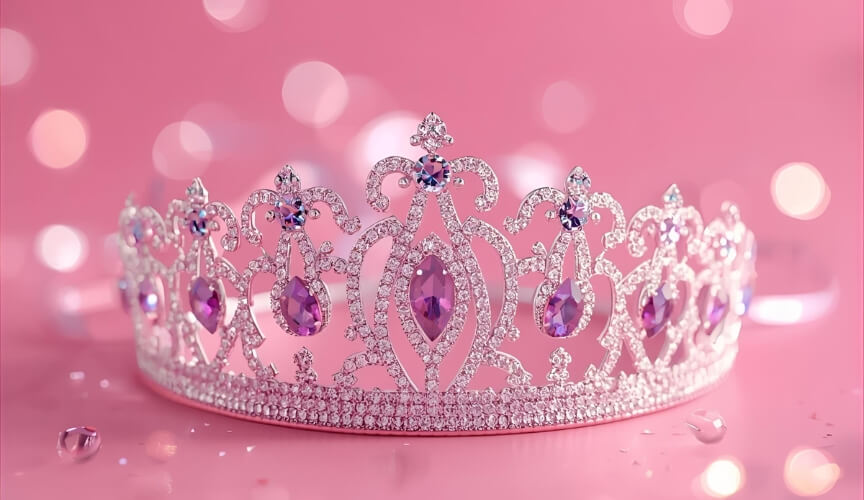 Elegant Quinceañera crown with pink color background and glitter lights