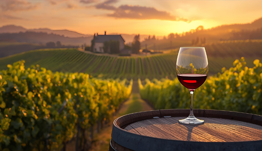 Illustraion of vineyard at golden hour with wine field and winery in background and glass with wine on a barrel in front view