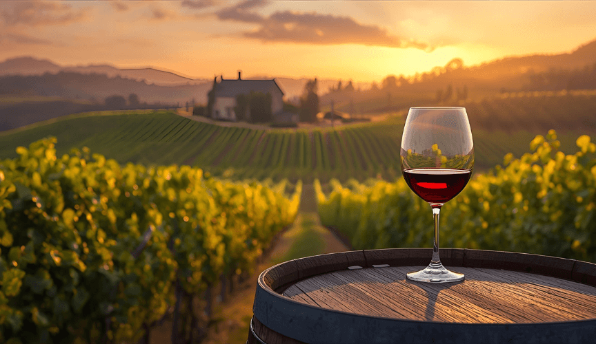 Illustraion of vineyard at golden hour with wine field and winery in background and glass with wine on a barrel in front view